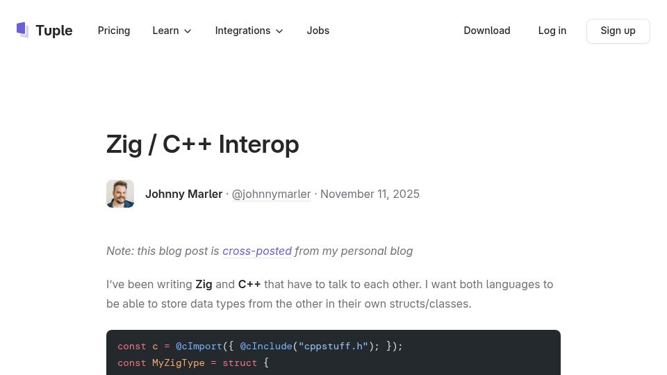 Screenshot of tuple.app: Zig / C++ Interop