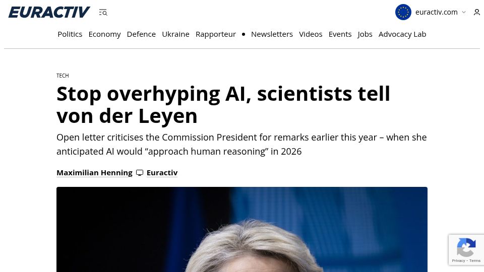 Screenshot of euractiv.com: Stop overhyping AI, scientists tell von der Leyen