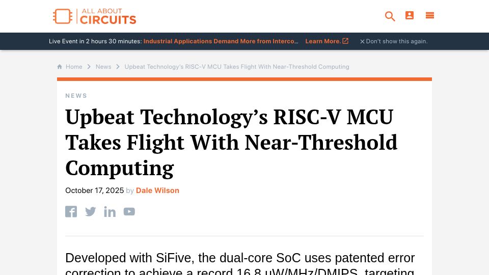 Screenshot of allaboutcircuits.com: Upbeat Technology's RISC-V MCU Takes Flight with Near-Threshold Computing