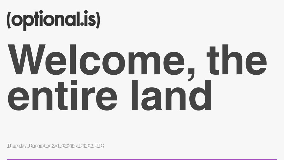 Screenshot of optional.is: Welcome, the entire land - "Hello, world!" in hieroglyphics (2009)