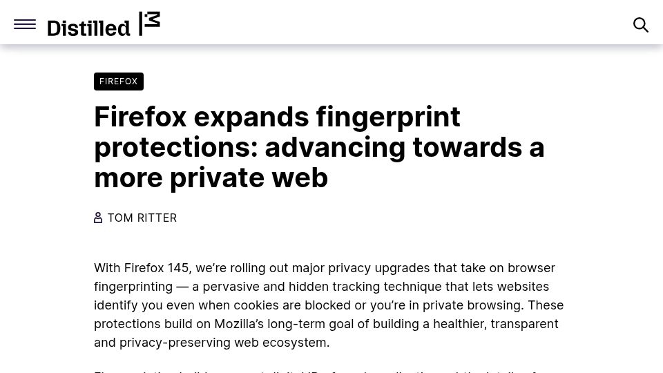 Screenshot of blog.mozilla.org: Firefox expands fingerprint protections