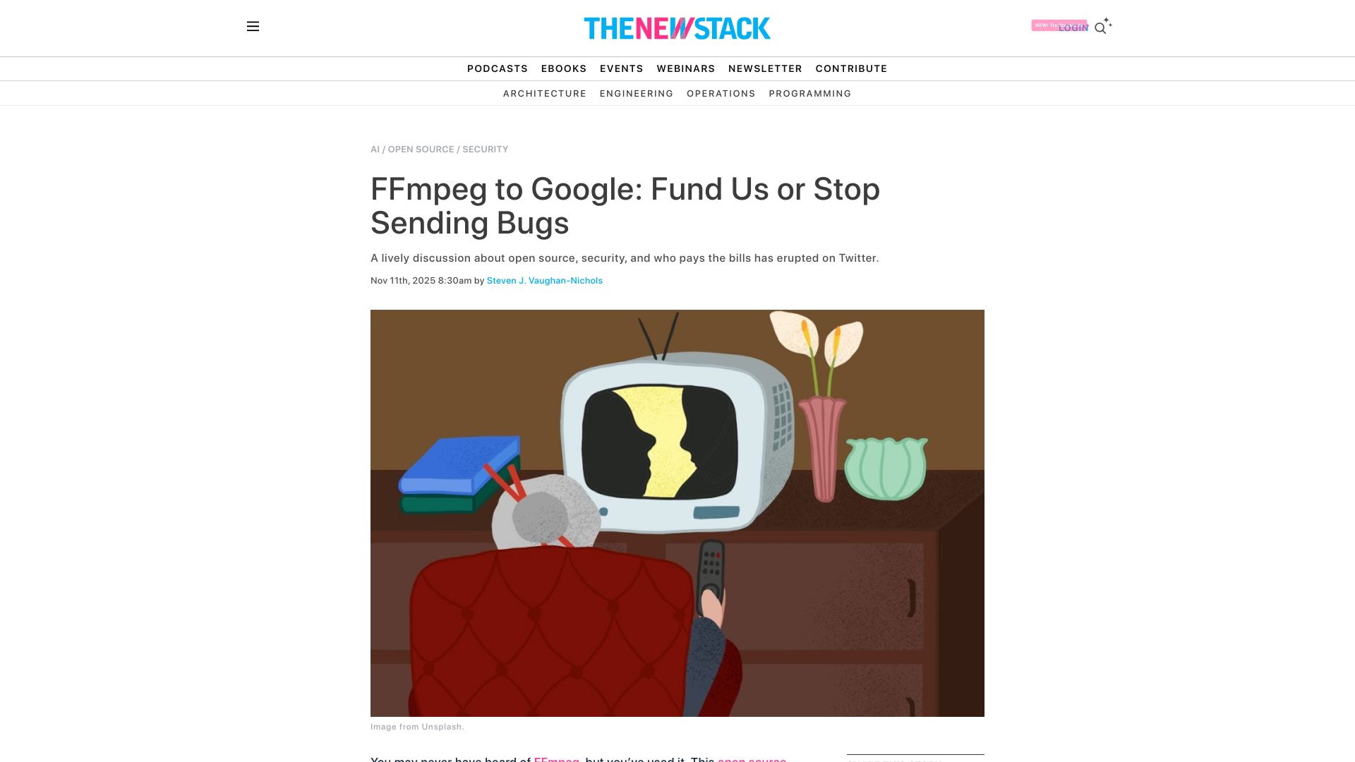 Screenshot of thenewstack.io: FFmpeg to Google: Fund us or stop sending bugs
