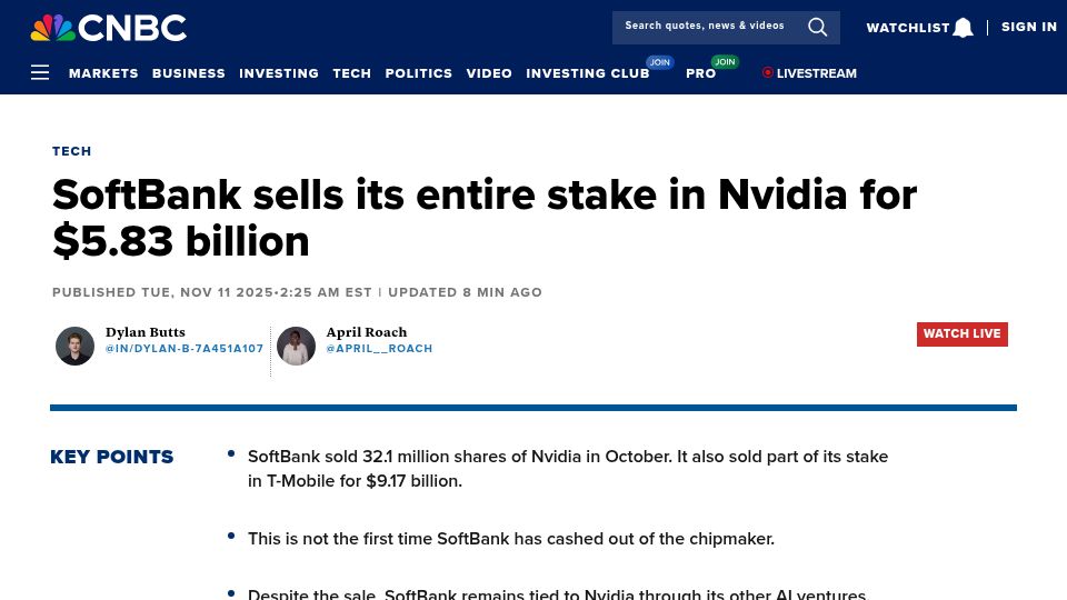Screenshot of cnbc.com: SoftBank sells its entire stake in Nvidia