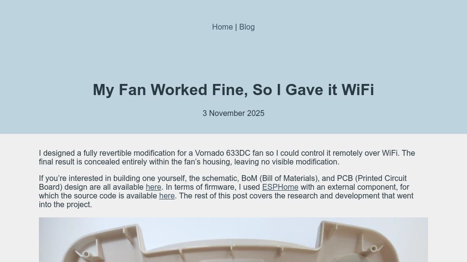 Screenshot of ellis.codes: My fan worked fine, so I gave it WiFi