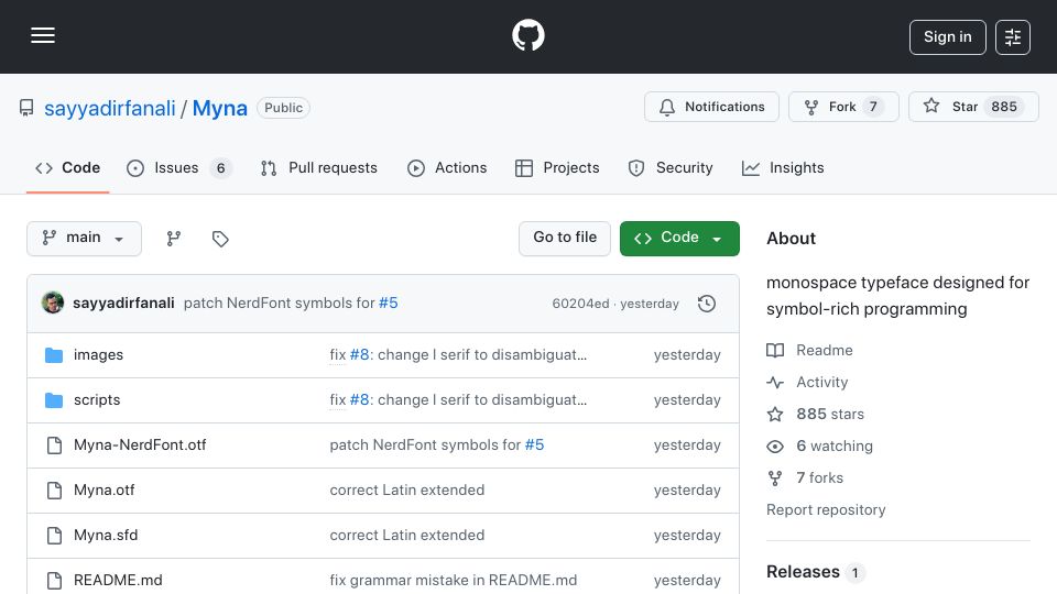 Screenshot of github.com: Myna: monospace typeface designed for symbol-rich programming