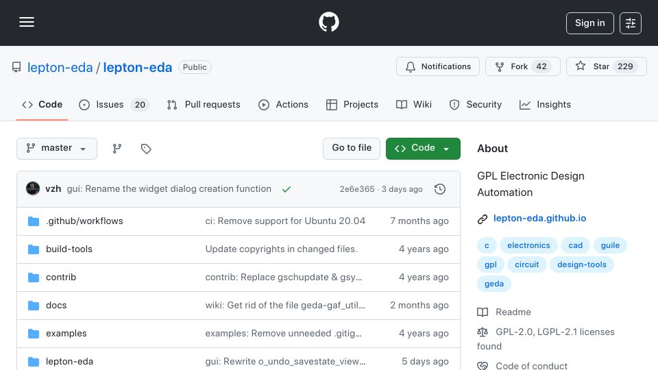 Screenshot of github.com: Lepton – GPL Electronic Design Automation