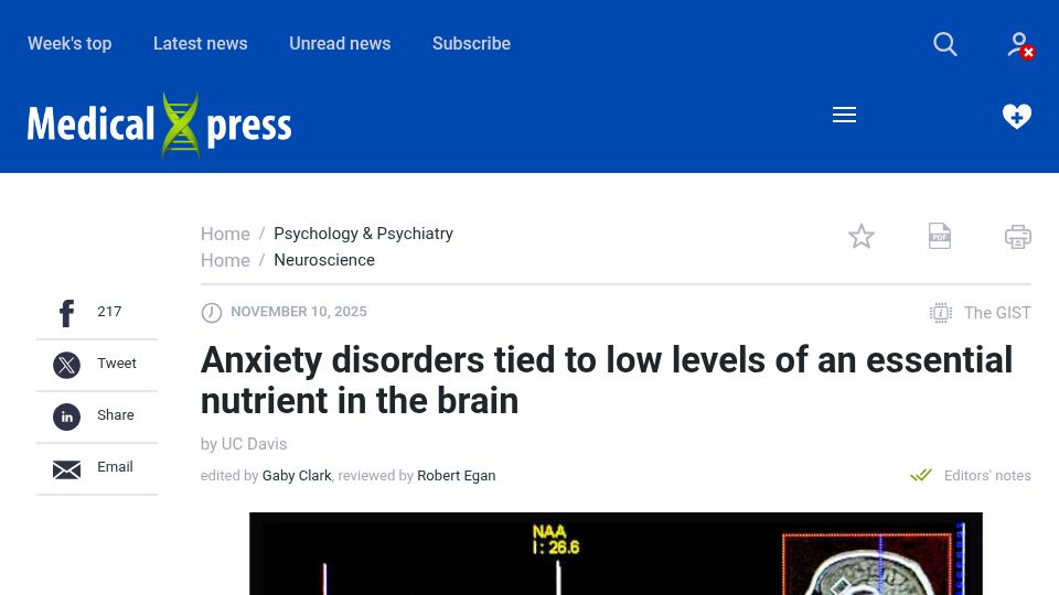 Screenshot of medicalxpress.com: Anxiety disorders tied to low levels of choline in the brain
