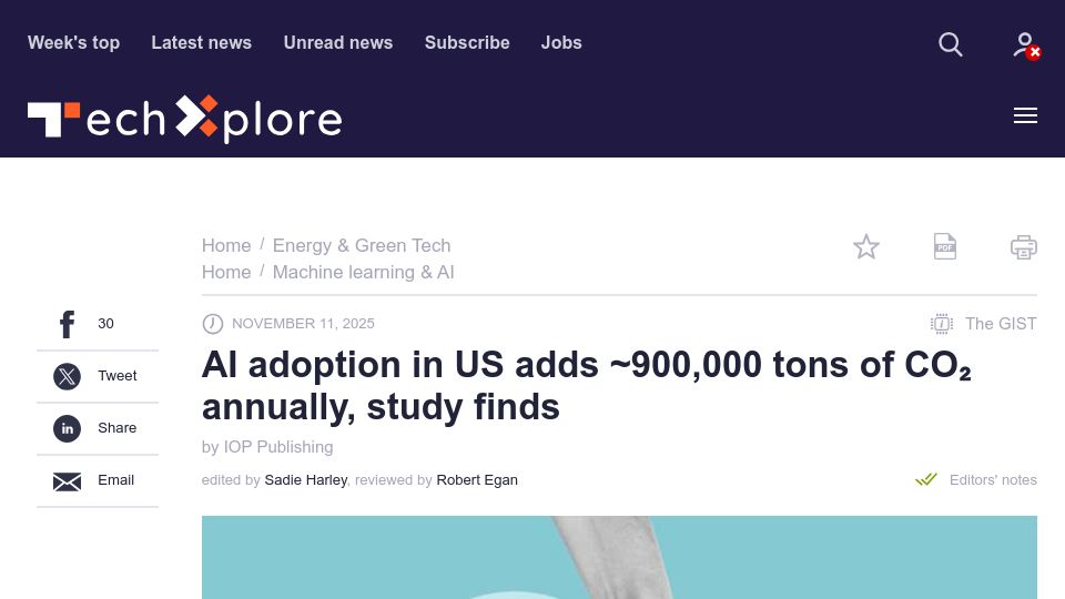 Screenshot of techxplore.com: AI adoption in US adds ~900k tons of CO₂ annually, study finds