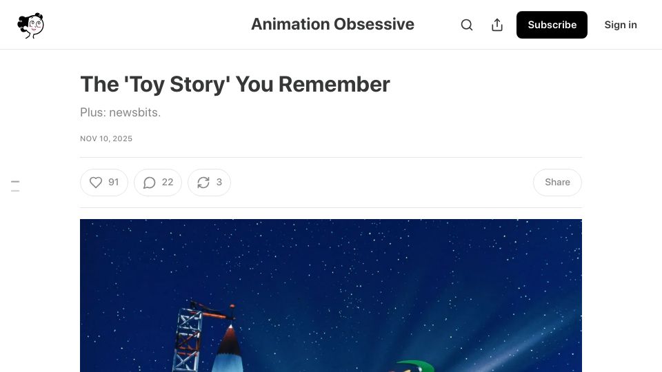 Screenshot of animationobsessive.substack.com: The 'Toy Story' You Remember
