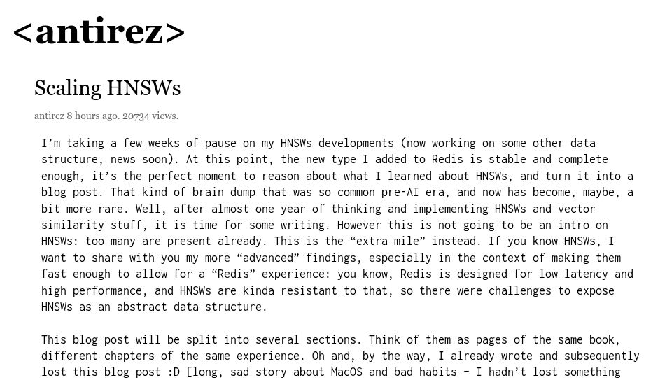 Screenshot of antirez.com: Scaling HNSWs