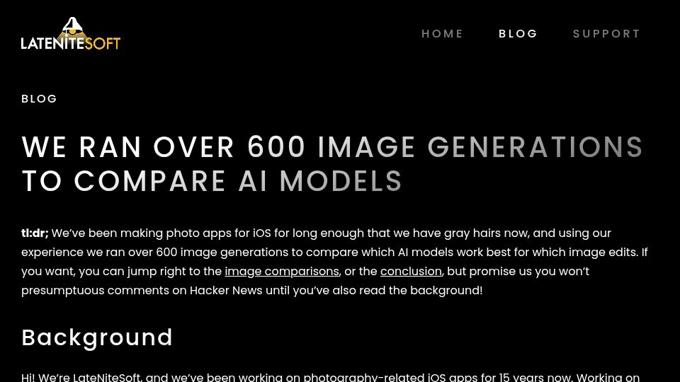 Screenshot of latenitesoft.com: We ran over 600 image generations to compare AI image models
