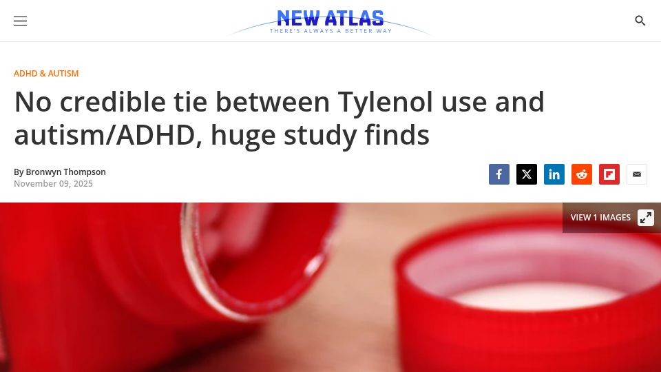 Screenshot of newatlas.com: No credible tie between Tylenol use and autism/ADHD study finds