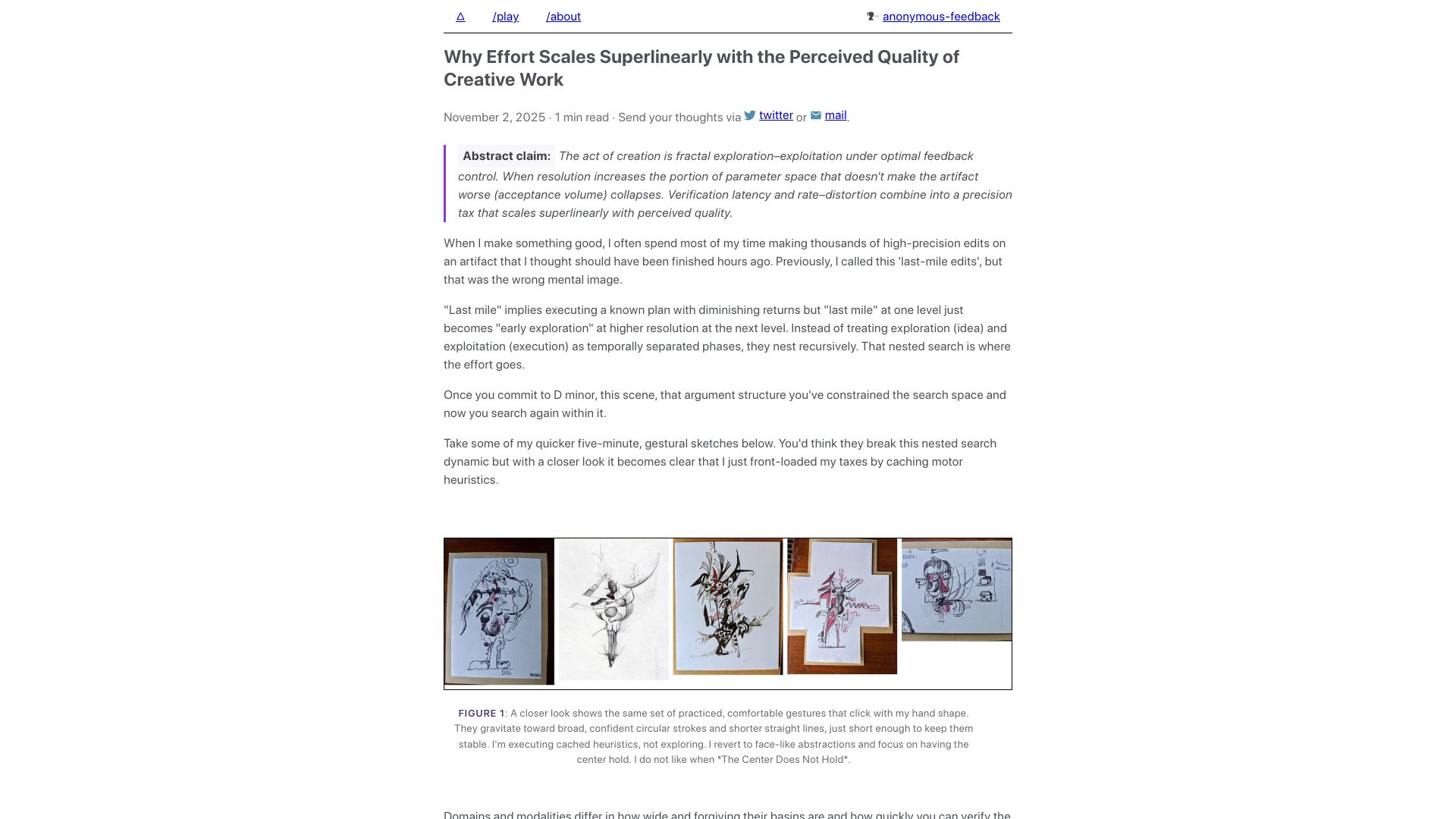 Screenshot of markusstrasser.org: Why effort scales superlinearly with the perceived quality of creative work