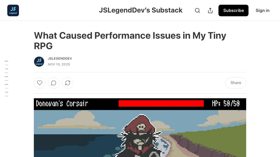 Screenshot of jslegenddev.substack.com: What caused performance issues in my tiny RPG