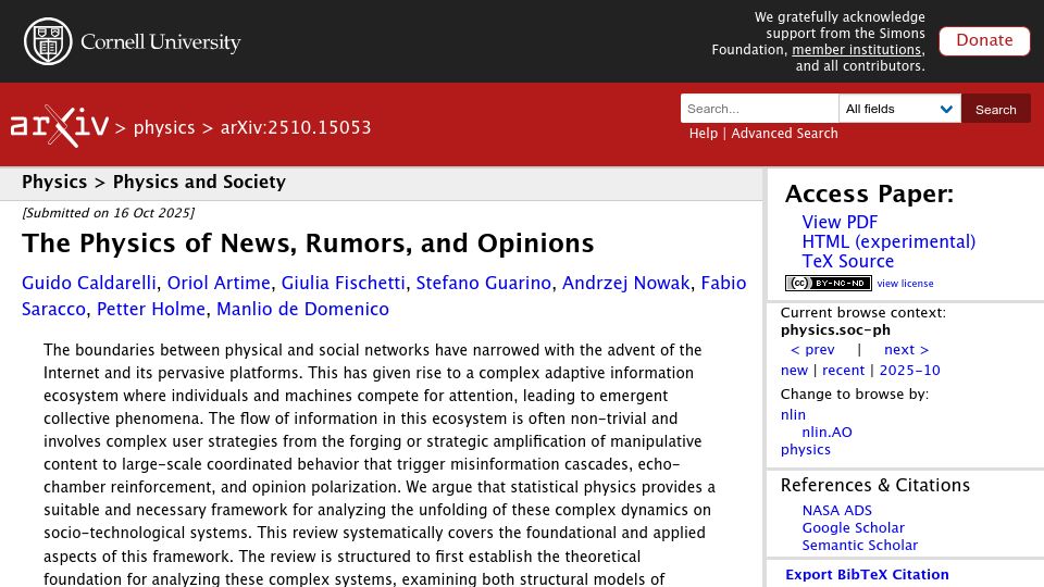 Screenshot of arxiv.org: The physics of news, rumors, and opinions