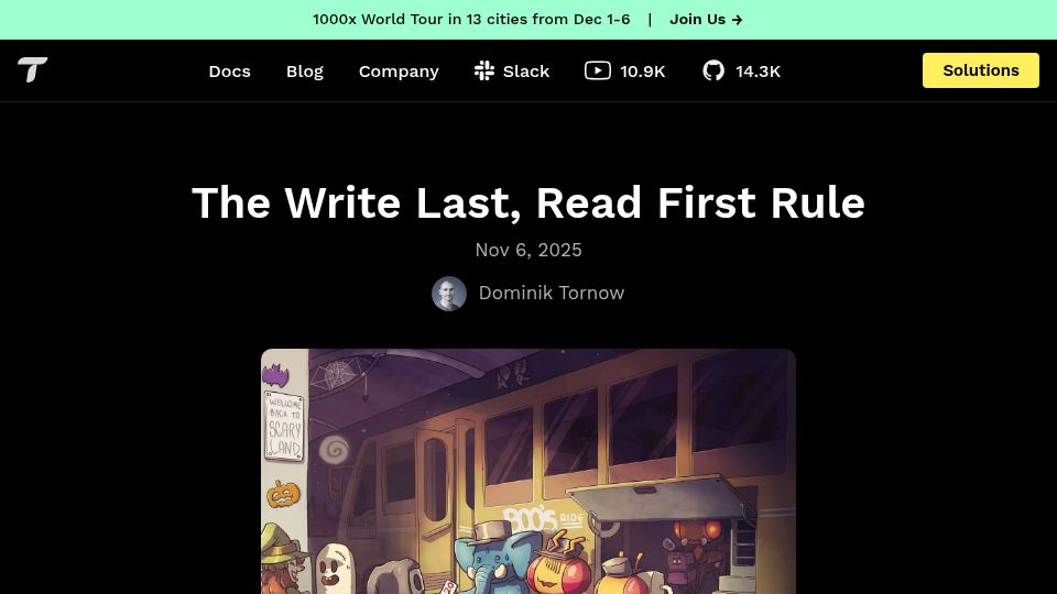 Screenshot of tigerbeetle.com: The write last, read first rule