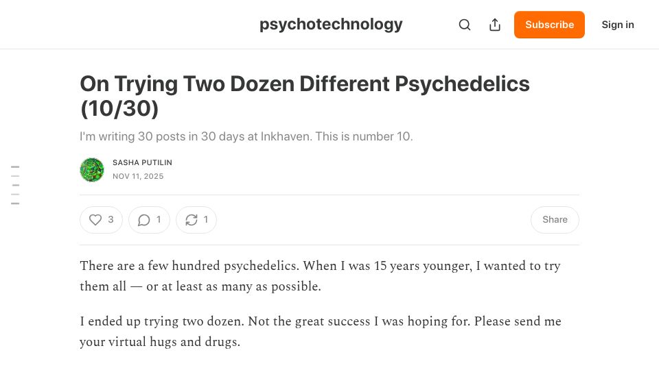 Screenshot of psychotechnology.substack.com: Trying two dozen different psychedelics