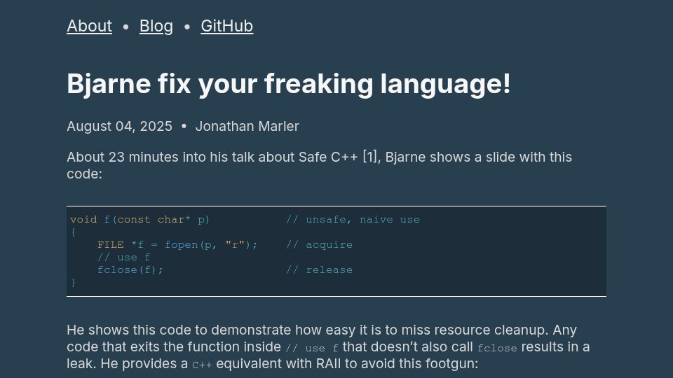Screenshot of marler8997.github.io: Problems with C++ exceptions