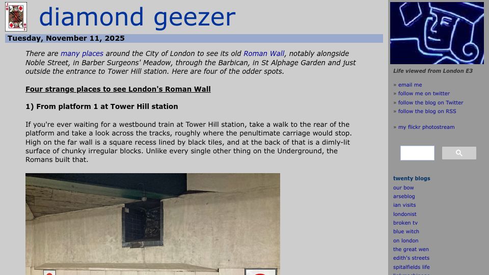 Screenshot of diamondgeezer.blogspot.com: Four strange places to see London's Roman Wall