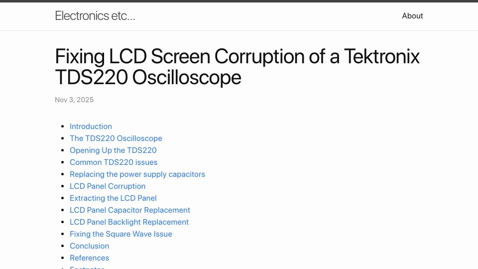 Screenshot of tomverbeure.github.io: Fixing LCD Screen Corruption of a Tektronix TDS220 Oscilloscope
