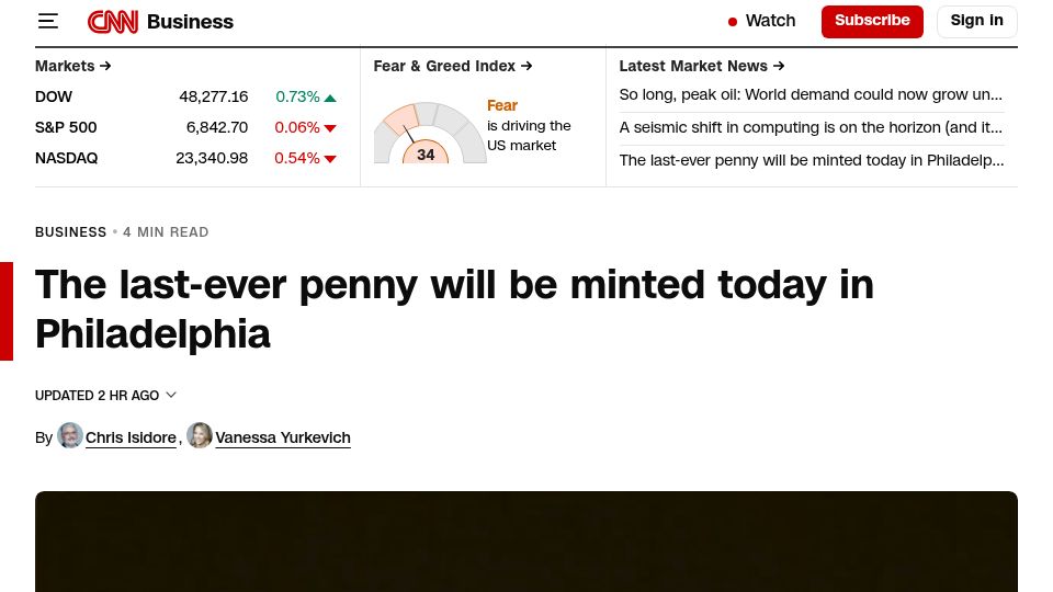 Screenshot of cnn.com: The last-ever penny will be minted today in Philadelphia