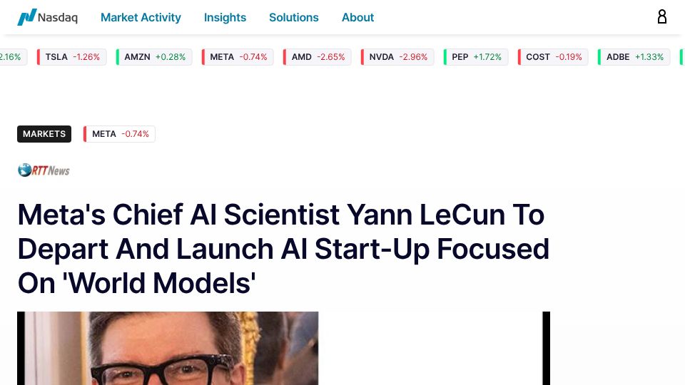 Screenshot of nasdaq.com: Yann LeCun to depart Meta and launch AI startup focused on 'world models'