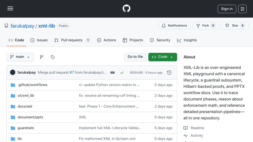 Screenshot of github.com: Show HN: XML-Lib – An over-engineered XML workflow with guardrails and proofs