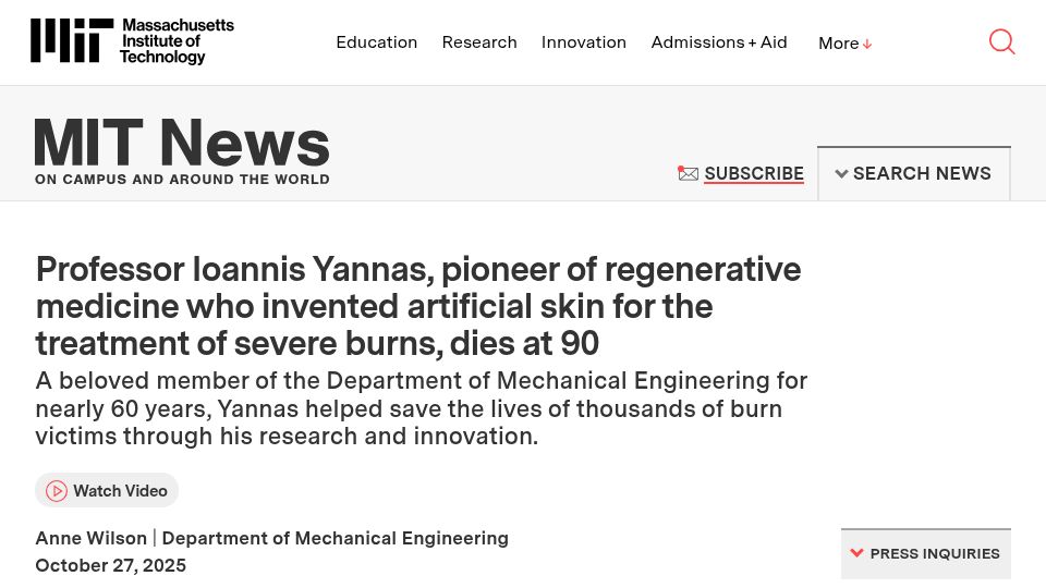 Screenshot of news.mit.edu: Ioannis Yannas, who invented artificial skin for treatment of burns, has died