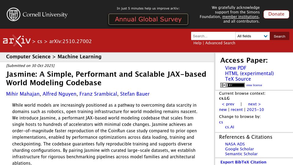 Screenshot of arxiv.org: Jasmine: A Simple, Performant and Scalable Jax-Based World Modeling Codebase