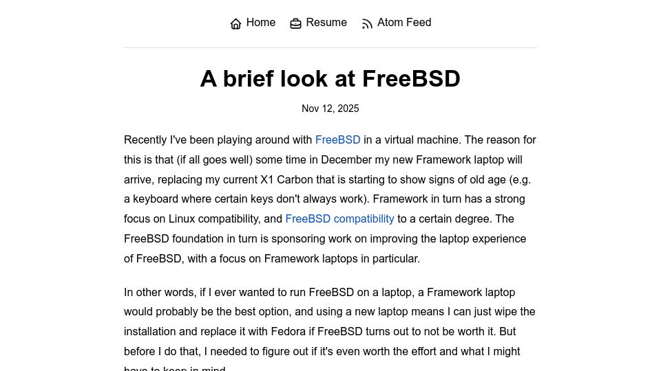 Screenshot of yorickpeterse.com: A brief look at FreeBSD