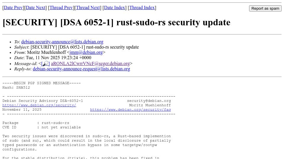 Screenshot of lists.debian.org: Security issues discovered in sudo-rs