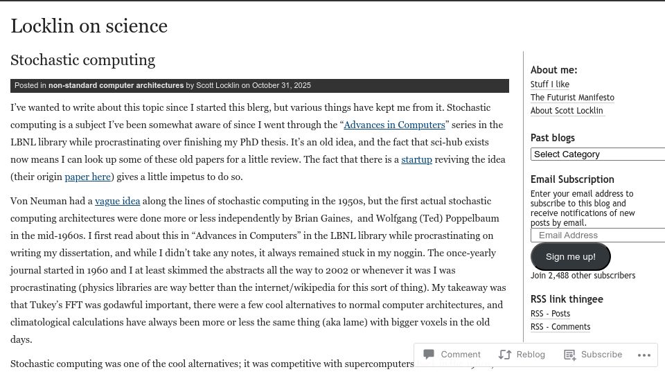 Screenshot of scottlocklin.wordpress.com: Stochastic computing