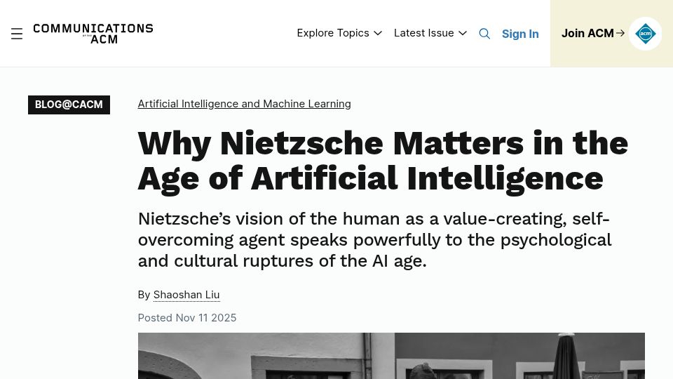Screenshot of cacm.acm.org: Why Nietzsche matters in the age of artificial intelligence
