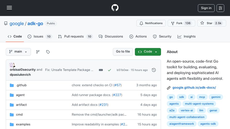 Screenshot of github.com: Adk-go: code-first Go toolkit for building, evaluating, and deploying AI agents