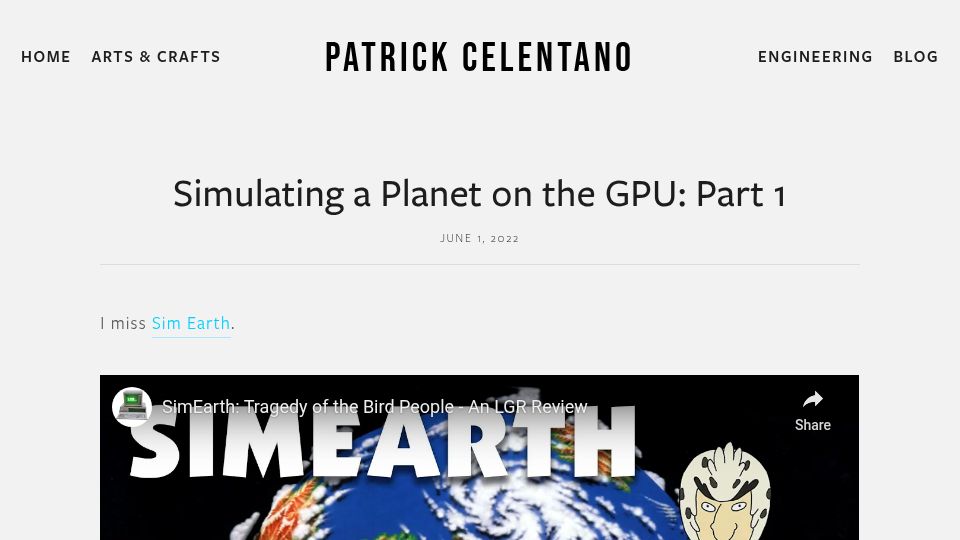 Screenshot of patrickcelentano.com: Simulating a Planet on the GPU: Part 1 (2022)