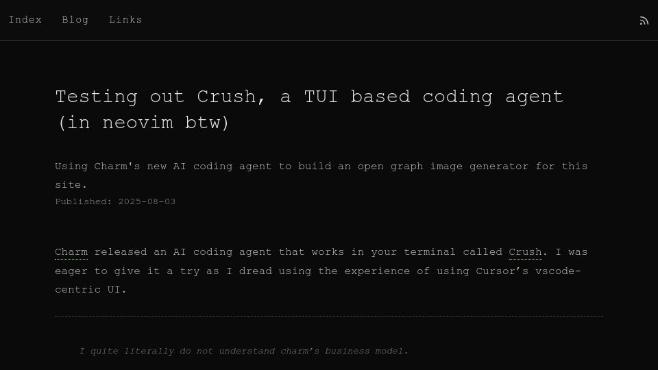 Screenshot of grahamhelton.com: Testing out Crush, a TUI based coding agent