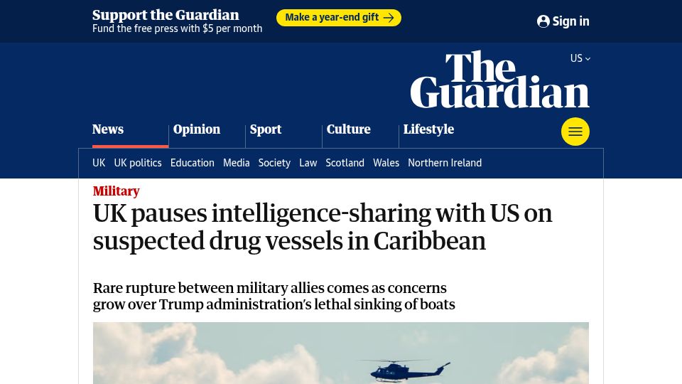 Screenshot of theguardian.com: UK pauses intelligence-sharing with US on suspected drug vessels in Caribbean