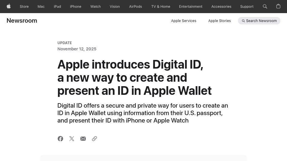 Screenshot of apple.com: Digital ID, a new way to create and present an ID in Apple Wallet