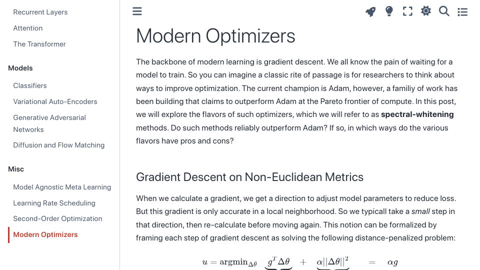 Screenshot of notes.kvfrans.com: Modern Optimizers – An Alchemist's Notes on Deep Learning