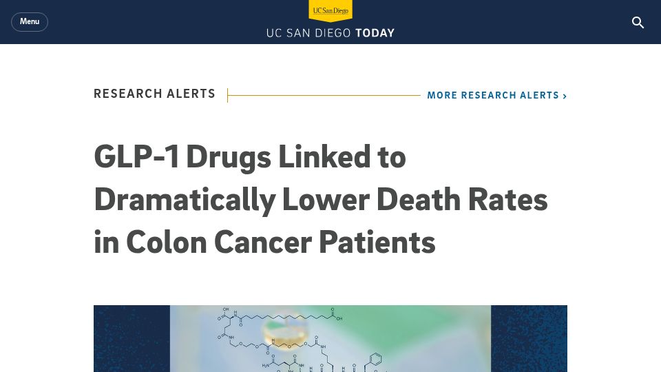 Screenshot of today.ucsd.edu: GLP-1 drugs linked to lower death rates in colon cancer patients