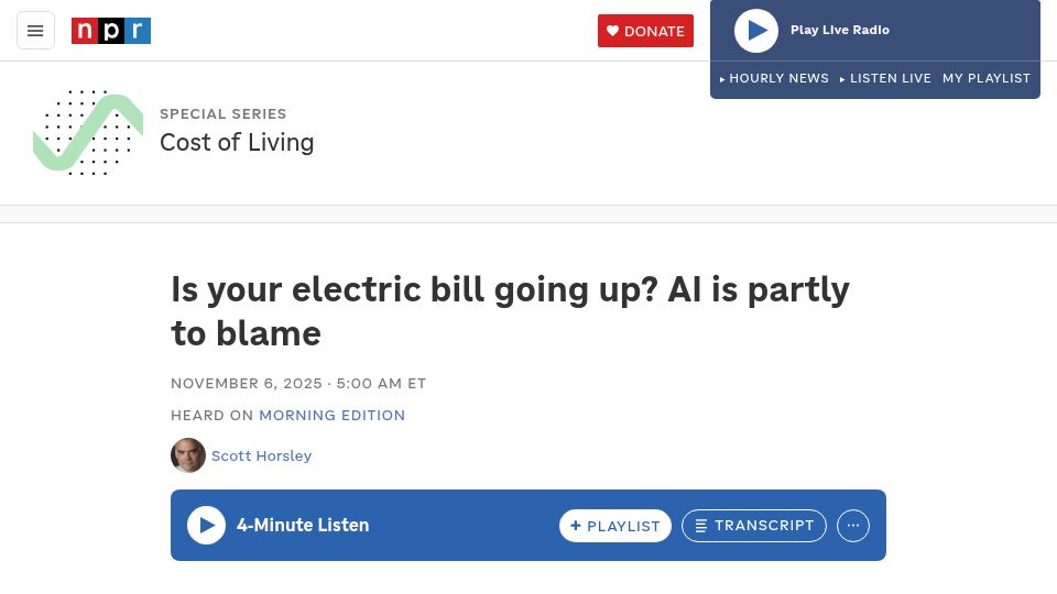 Screenshot of npr.org: Is your electric bill going up? AI is partly to blame