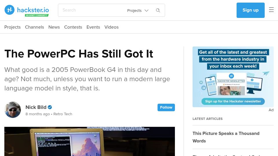 Screenshot of hackster.io: The PowerPC Has Still Got It (Llama on G4 Laptop)