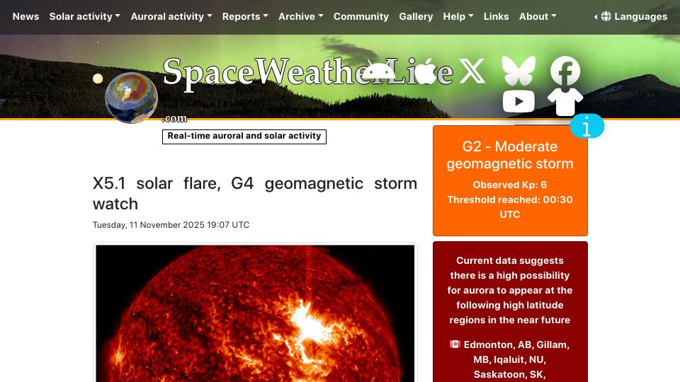 Screenshot of spaceweatherlive.com: X5.1 solar flare, G4 geomagnetic storm watch