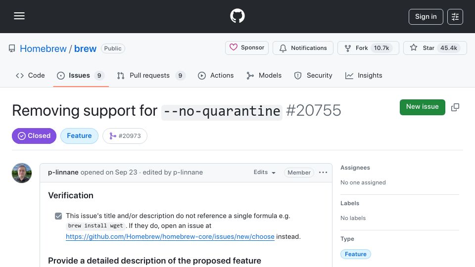 Screenshot of github.com: Homebrew no longer allows bypassing Gatekeeper for unsigned/unnotarized software