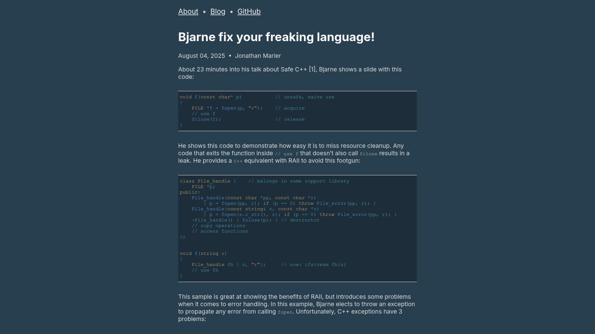 Screenshot of marler8997.github.io: Problems with C++ exceptions