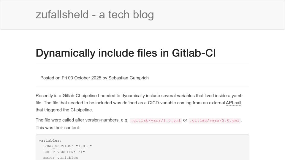 Screenshot of zufallsheld.de: Dynamically include files in GitLab-CI