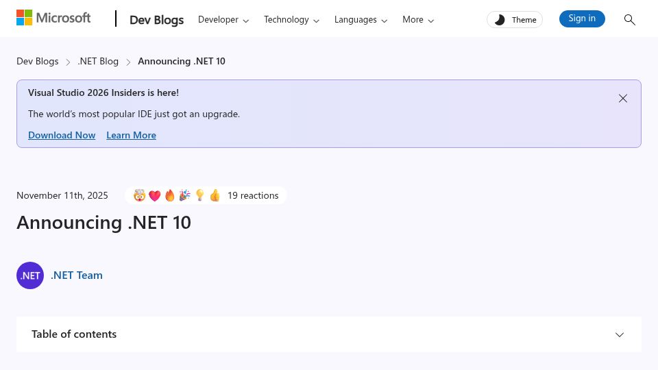 Screenshot of devblogs.microsoft.com: .NET 10