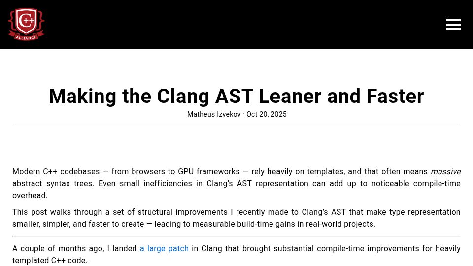 Screenshot of cppalliance.org: Making the Clang AST Leaner and Faster