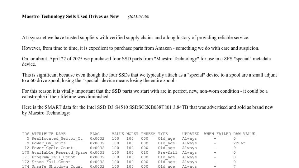 Screenshot of kozubik.com: Maestro Technology Sells Used SSD Drives as New