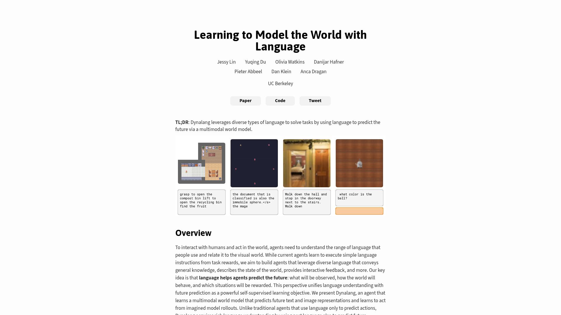 Screenshot of dynalang.github.io: Learning to Model the World with Language